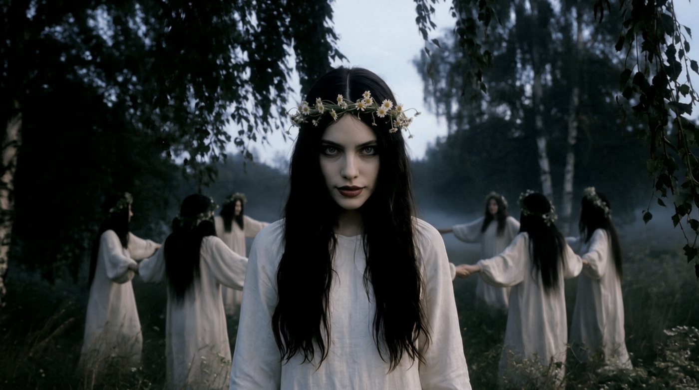 AI-generated still: a pale woman in a daisy crown stands in a misty birch forest while women in white dance in a circle behind her